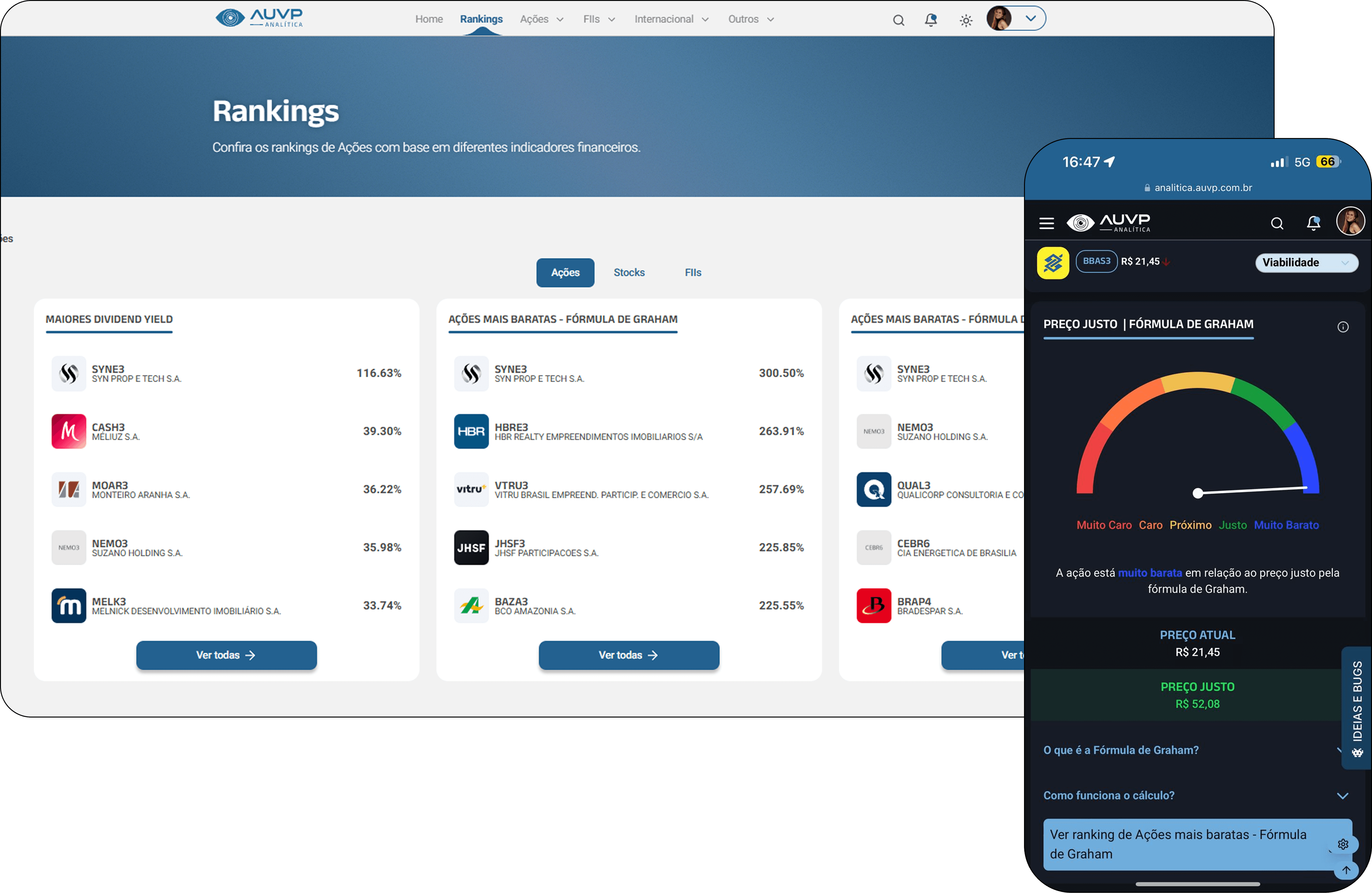 Interface da plataforma AUVP Analítica mostrando rankings de ações, dividend yield e análise de preço justo com fórmula de Graham